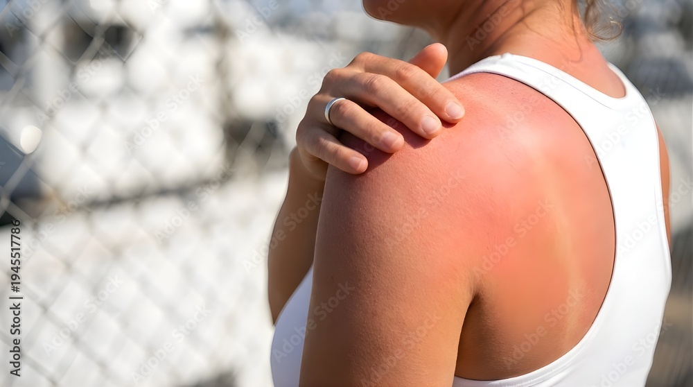 Obraz premium Person's hand touching their severely sunburned shoulder, indicating pain and discomfort from sun exposure.
