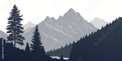 A serene mountain landscape with silhouetted trees and a majestic mountain range in the background under a white sky