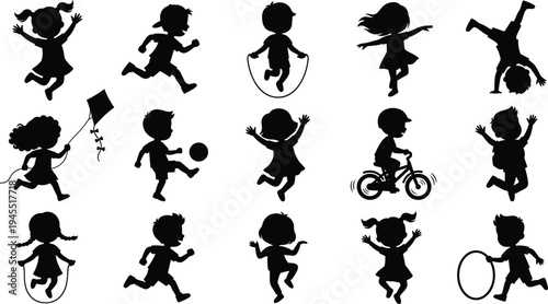Collection of children silhouettes playing sports and outdoor games isolated on white background vector