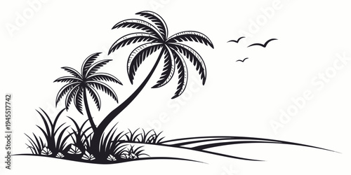 Black silhouette of palm trees on a beach with grass and birds flying overhead