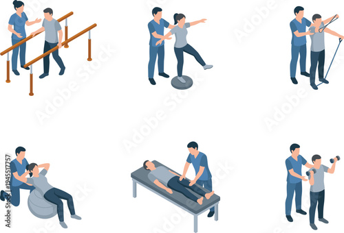 Isometric vector of physical therapy rehabilitation exercises with medical assistants and clinic patients