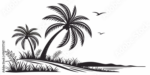 Black silhouette of tropical island with palm trees and seagulls flying overhead