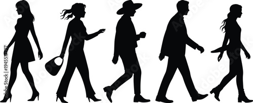 Black silhouette illustration of five people walking in diverse poses and fashion styles, representing individuality, movement, and diversity in expressive minimal design