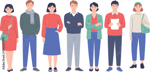 Illustrated diverse group of seven casual people standing together in colorful outfits representing teamwork, community, friendship, collaboration, and diversity
