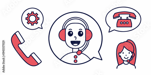 A cartoon illustration of a customer service representative with a headset and speech bubbles for communication and support
