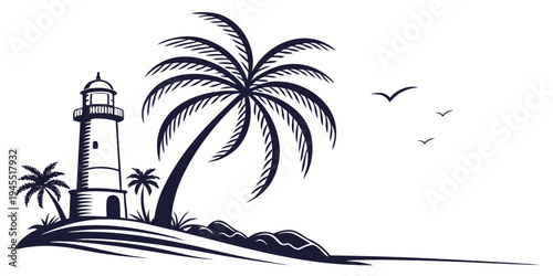 A serene tropical island scene featuring a lighthouse and palm tree