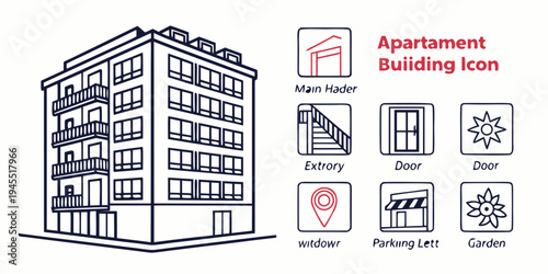 Apartment building icon with main stairwell, entry, doors, windows, parking lift and garden