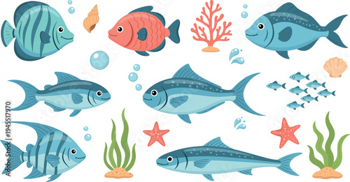 Cute ocean fish cartoon character set with coral starfish seashell seaweed bubbles marine life flat vector illustration collection
