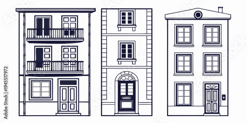 Illustration of three different house facades with various architectural details and features