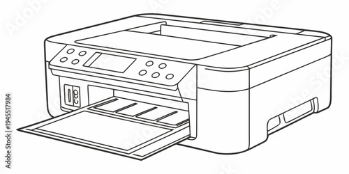 A line drawing of a printer with its paper tray open