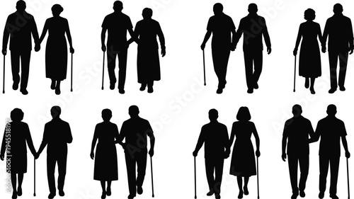 Black silhouette illustration of elderly couples walking together, holding hands, using canes, symbolizing aging, companionship, support, love, and senior lifestyle design
