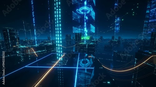 An abstract blue digital world map pattern with futuristic city lines and data numbers represents a high-tech network connection for global business and internet communication