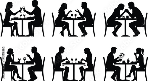 Collection of couple silhouettes dining at restaurant tables isolated on white background vector
