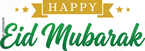Vibrant Eid Mubarak celebration graphic featuring bold cursive text in lush green with contrasting yellow banner and star accents for festive holiday branding