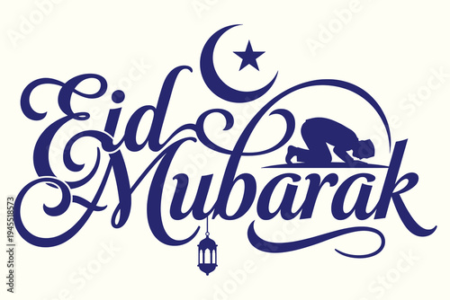 Eid Mubarak celebration elegant blue cursive typography with crescent moon, star, and traditional lantern graphic design for festive greeting cards and digital marketing