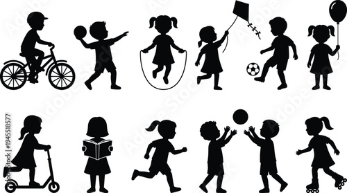 Set of children silhouettes playing outdoor activities and sports isolated on white background vector