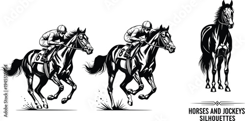Black and white of horses and jockeys running racing silhouettes