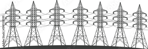 High voltage electricity transmission towers with power lines across landscape infrastructure, energy distribution grid system, industrial engineering illustration vector art