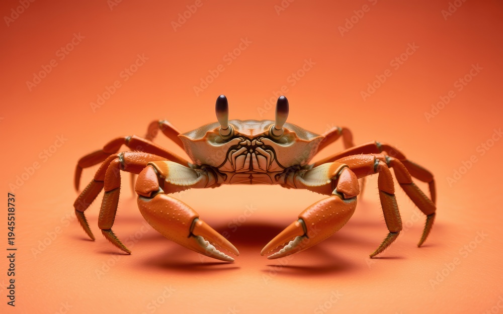 Fototapeta premium A large orange crab stands facing forward on a plain orange background.
