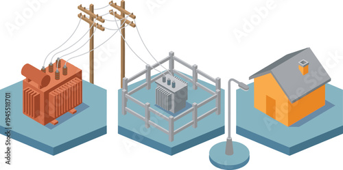 Isometric vector of electric power substation, distribution transformers, utility poles, and residential house
