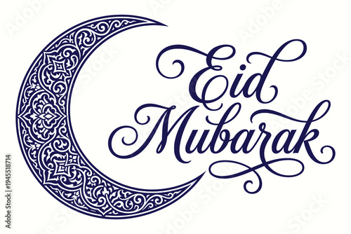 Eid Mubarak celebration elegant vector illustration featuring intricate crescent moon with Arabic calligraphy in deep navy blue on pristine white background, perfect for festive greeting cards