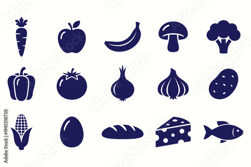 Modern flat design icon set of twelve fresh organic foods and dairy products in bold navy blue silhouette style for healthy lifestyle branding and nutrition marketing