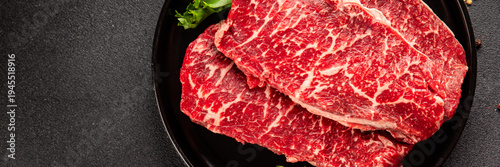 Raw beef steak marbled meat veal tasty snack fresh delicious gourmet food background on the table rustic food top view copy space
