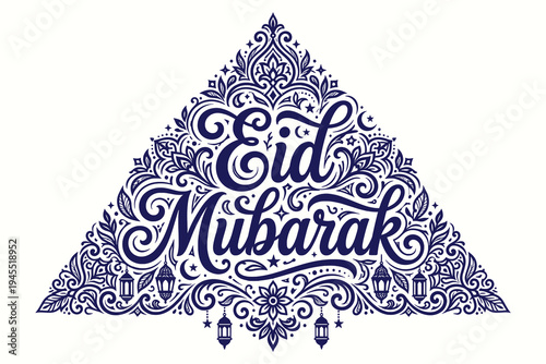 Eid Mubarak celebration elegant vector illustration featuring intricate Arabic calligraphy and geometric patterns in rich navy blue on pristine white background
