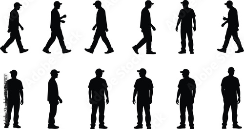 Collection of male walking silhouettes in different poses side view pedestrian movement set casual man steps sequence isolated vector style people figures pack
