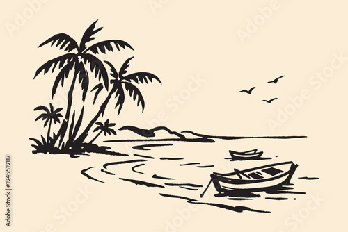 Tropical beach with boats ink sketch vector illustration