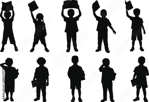 Black silhouette illustration of children holding books in various poses, symbolizing education, literacy, learning, reading habits, knowledge, and childhood development design