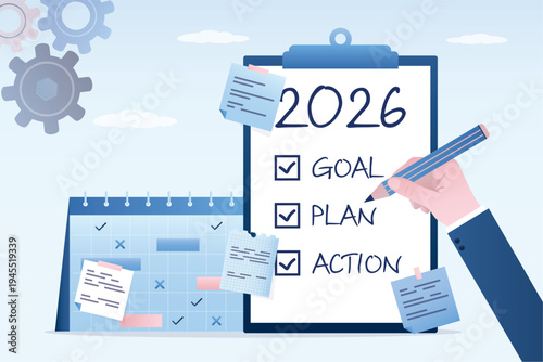 Enterprise plan management in 2026 year. Business action plans, strategies or goals to drive organization or target audience. Company or project management.