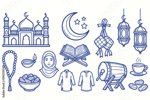 Elegant Islamic cultural vector illustration featuring mosque architecture, crescent moon, lanterns, Quran, traditional clothing, and Eid sweets on clean white background