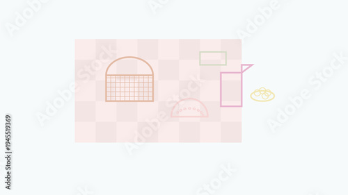 Hand-drawn Sketch of Abstract Bakery Elements on a Pink Grid