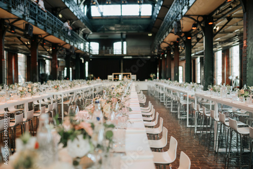 Canvas Print Elegant wedding reception in historic industrial hall, banquet long tables flowe