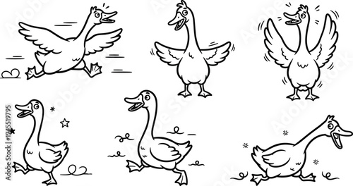 Funny hand drawn goose character collection with playful running flying walking poses cute farm bird doodle vector illustration set