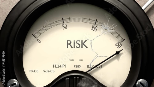 Risk meter showing big levels of risk. Dangerously increasing high values of risk, critical overload. Too much, off the charts. Max risk