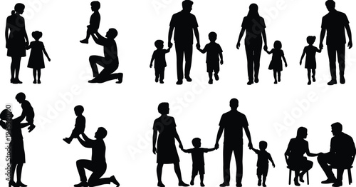 Black silhouette illustration of adults and children in diverse family interactions, holding hands, walking, lifting, sitting, symbolizing parenting, caregiving, love, and family bonds
