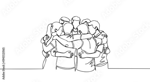 Continuous One Line Group Hug Vector – Friendship and Support Minimal Line Art
