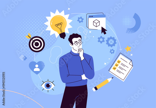 Design Thinking Concept. Vector illustration of a man thinking with creative icons around. Idea generation, research, analysis, goal setting, and problem solving concept in modern flat vector style.