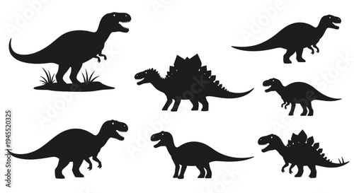 Set of Dinosaur Silhouettes: Tyrannosaurus Rex, Stegosaurus, and others isolated on white