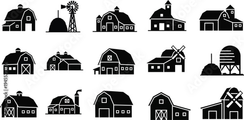 Collection of various barn silhouettes and farm buildings on white background