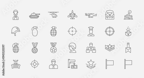 Military Icons Set: Soldier, Tank, Helicopter, Plane, Grenade, Helmet, Target