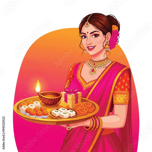 Woman in pink sari holding puja tray.