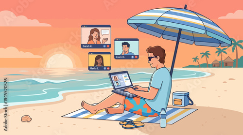 2d vector: man works remotely laptop, online meeting, tropical beach sunset, hybrid work.