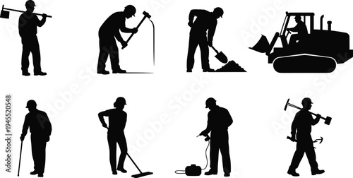 Collection of worker silhouettes with tools including construction laborer, janitor, surveyor, cleaner and bulldozer operator representing industrial workforce, maintenance services and manual labor 