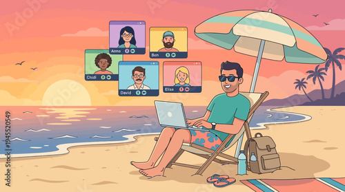 A 2d vector illustration shows a man working remotely on a beach, engaging in a hybrid online meeting at sunset.