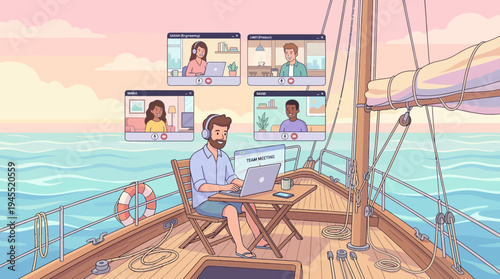 Pastel 2d vector shows a man on a sailboat in a remote online meeting, highlighting hybrid work.