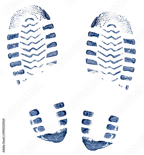 Shoe sole imprint. Traces left by the shoe tread. Footprint illustration blue paint