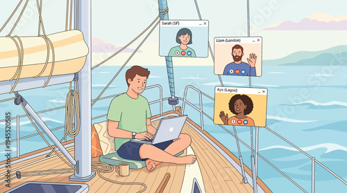 A calm 2d vector shows a man on a sailboat, working remotely and joining an online hybrid meeting.